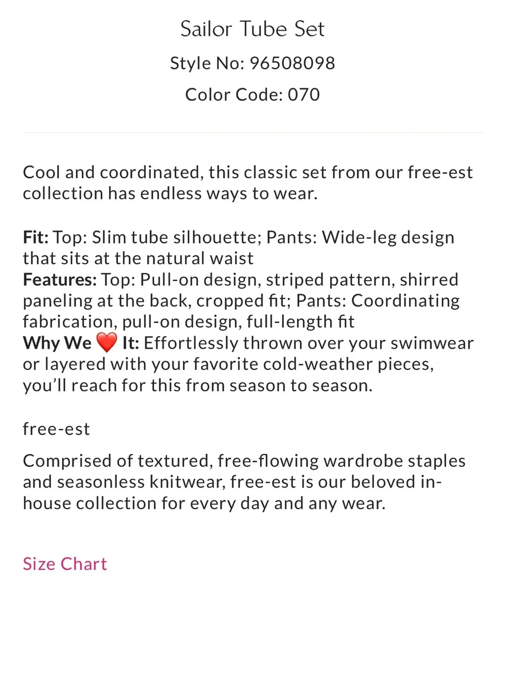 Free people Sailor Tube Co- Ord Set